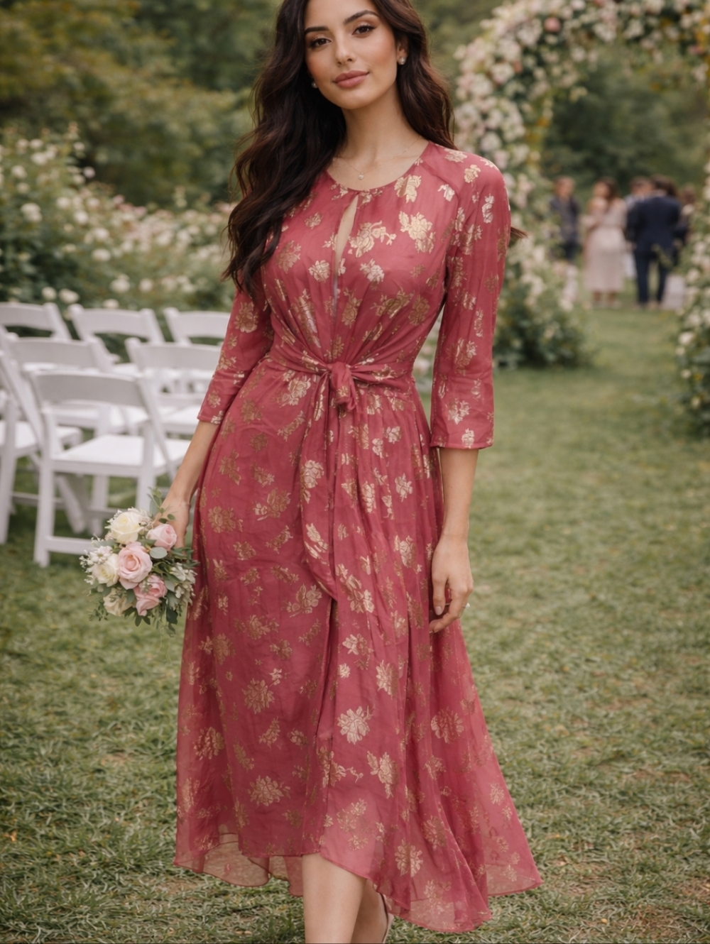 Opaline Designer Sheer Silk Dusty Rose Metallic Floral Tie-Waist Midi Dress